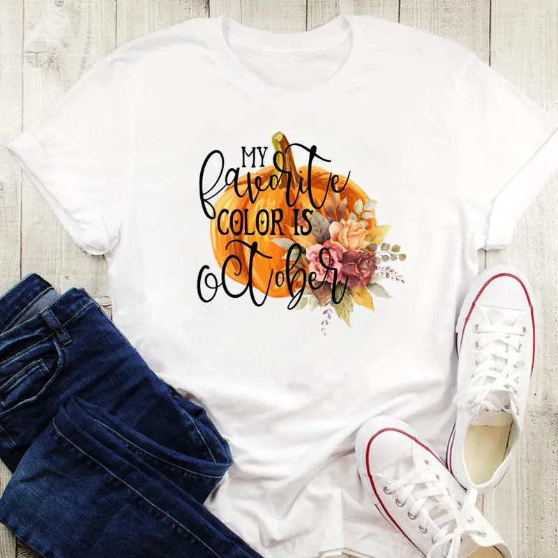 

Halloween Thanksgiving Short Sleeve Fashion Happy Fall Autumn Graphic Print Tees Women Tops Tshirt Cartoon Female T-Shirt