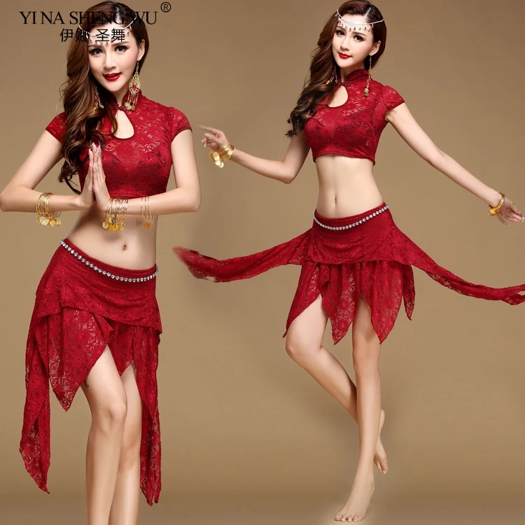 Женский костюм для танца живота привлекательный кружевной топ и юбка тренировок