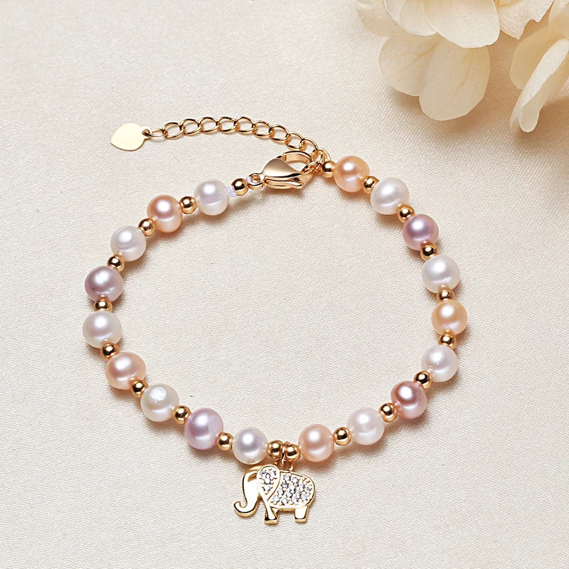 

Fashion Gold Color Bracelet length 16cm+4cm Natural Freshwater Pearl Lovely Elephant Charm Bracelet Women Wedding Jewelry Gift