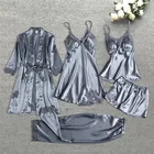 Пижама женская шелковая из 5 предметов, комплект из топа и брюк с эластичным поясом, домашняя одежда для сна, на летоосеньвесну