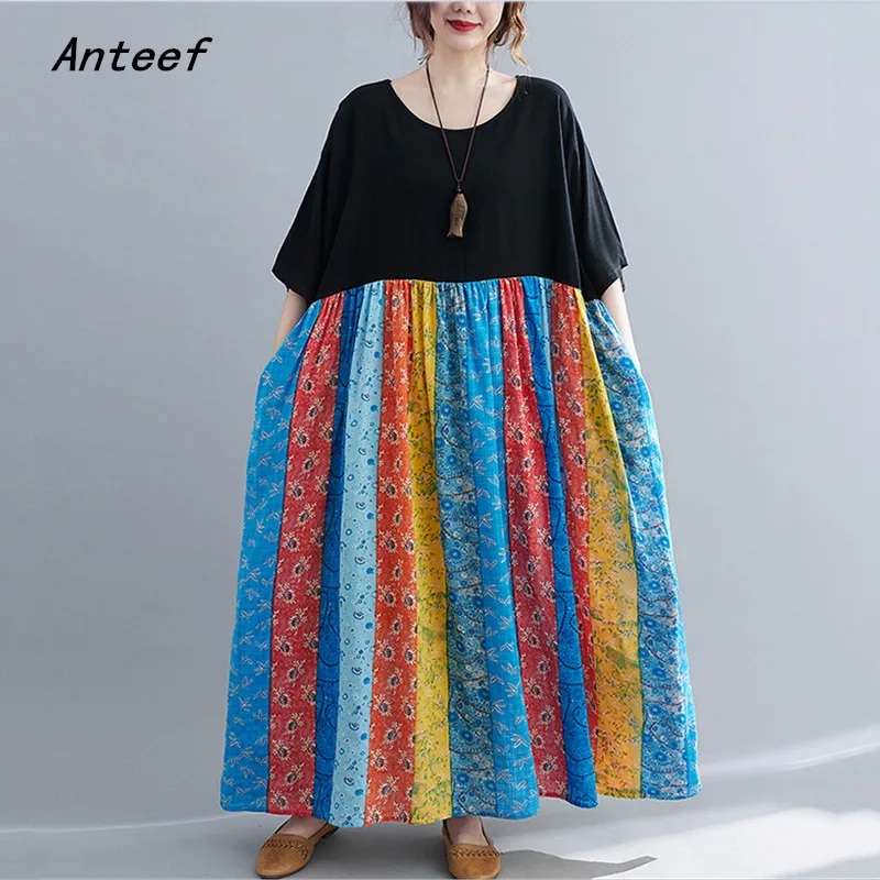 

Женское винтажное платье из хлопка с коротким рукавом и цветочным принтом, повседневное Свободное длинное женское летнее платье, элегантна...