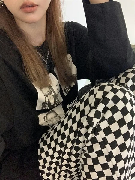 

Song Black and White Chessboard Plaid High Waist Wide Leg Pants for Women Spring