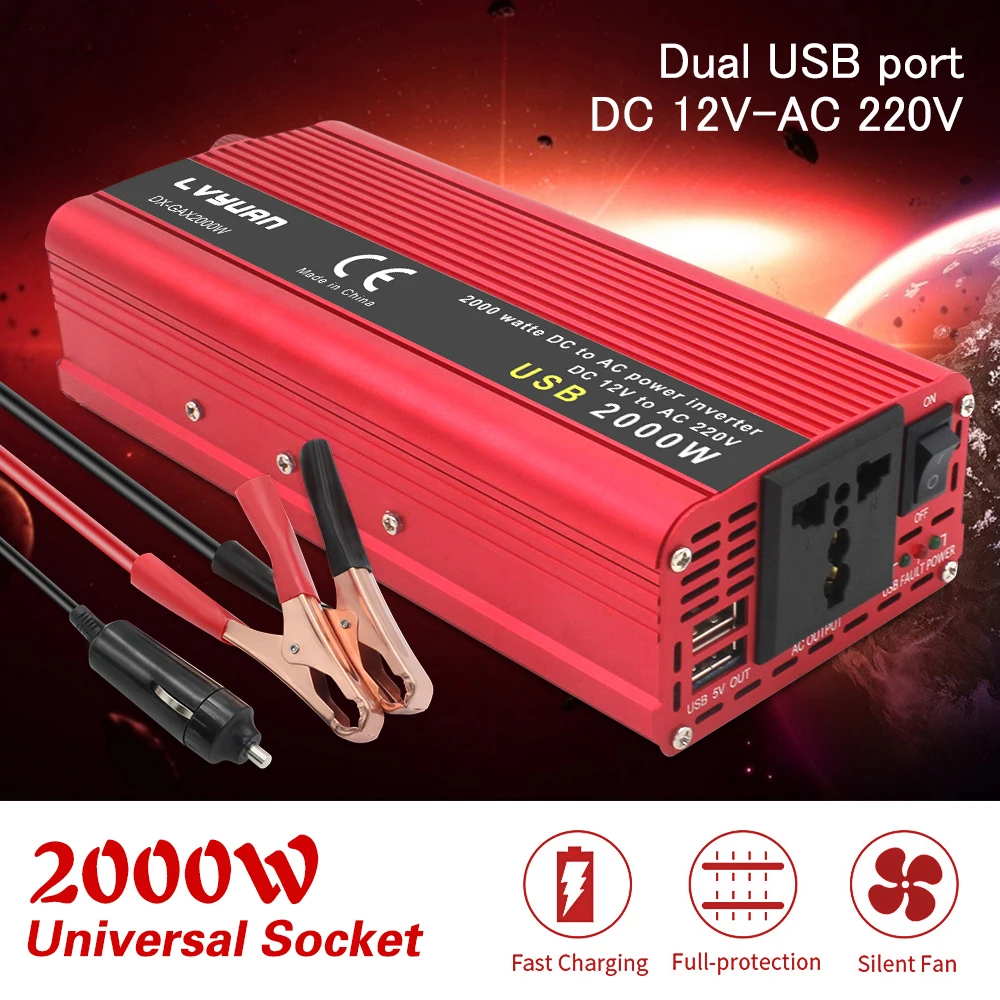 

1500W/2000W/2600W Car Inverter DC 12V/24V to AC 220V Power Inverter Portable Charger Adapter Converter Cigarette Lighter Plug