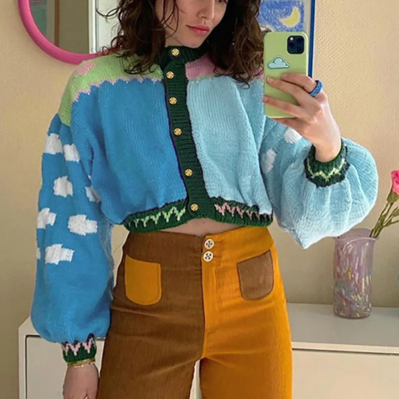 

Knitted Print Cardigan Casual Fashion Long Sleeve Open Navel Y2k Cardigans Autumn Winter 2021 Button O Neck Loose Women Cardigan