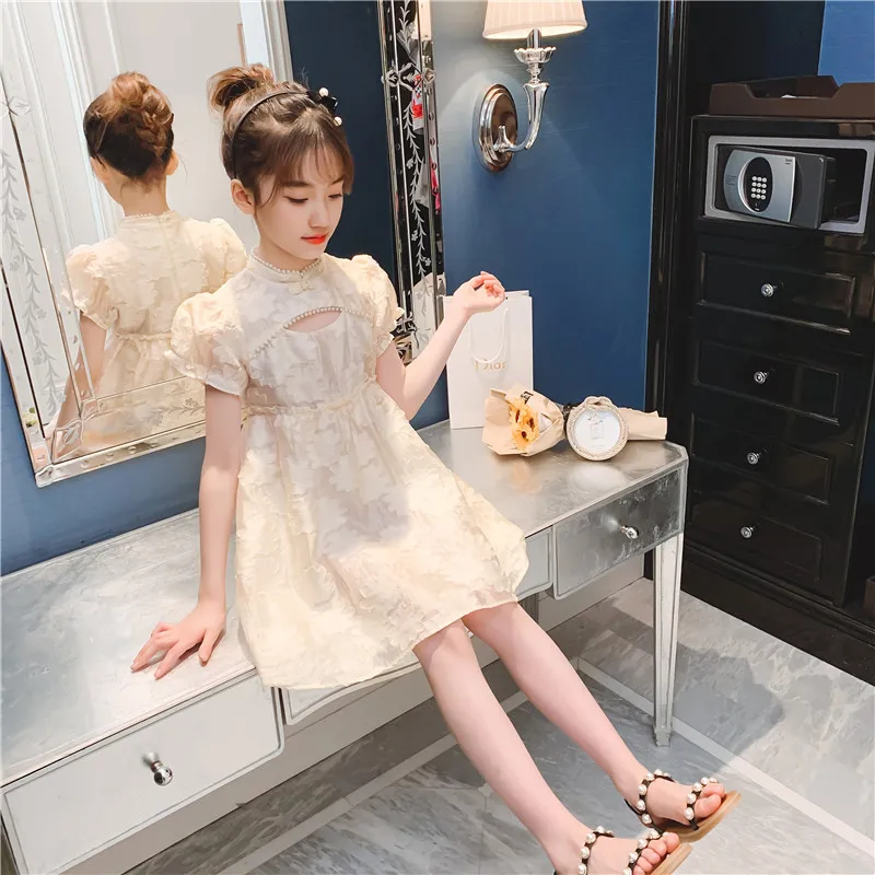 

Cheongsam Age For 3 - 14 Yrs Teenage Girls Chinese Style Ruffle Qipao 2021 New Summer Beige Vintage Birthday Dress Kids Frocks