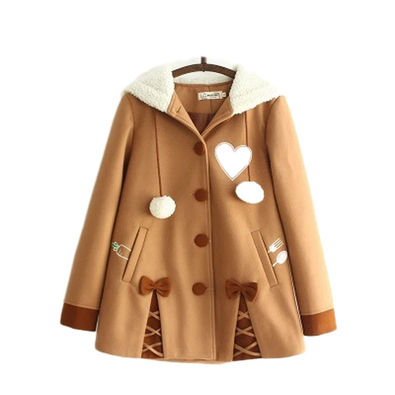 

Wool Coat Cotton Bow Button Pockets Hooded Single Breasted Coat Women Wool Jacket Winter Female Jacket Fashion Woman Coats