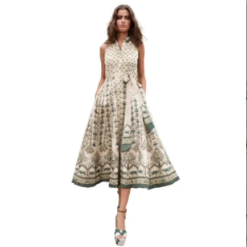 

Summer Dress Women's new sleeveless lapel tether big pendulum mid length A-line skirts print retro temperament single breasted