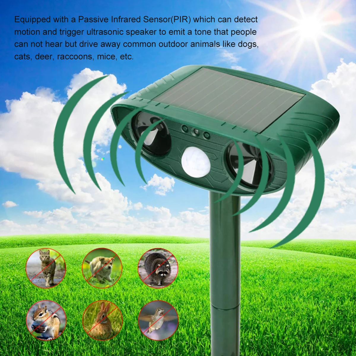 Animal Repeller Outdoor Solar Power Ultrasonic Repellent Deterrent Dog/Cat/Bird/Mice Frighten for Garden | Дом и сад
