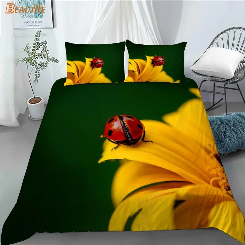 Funda n&oacute;rdica con estampado de mariquita y animales para ni&ntilde;os, juego de cama de tela de poli&eacute;ster con 2 fundas de almohada, 1009, gran oferta-5