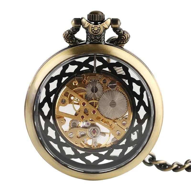 Silver/Black/Bronze Vintage Open Face Pocket Watch Transparent Hand Wind Mechanical Clock for Men Women Retro Pendant Chain