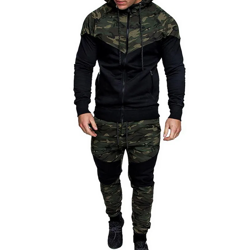 green A Laamei Men Camo Print sets Camouflage Jacket+Pants 2Pc Causal Tracksuit Sportwear jogger Hoodies Sweatshirt Pant Suit Plus Size - Цвет: green A