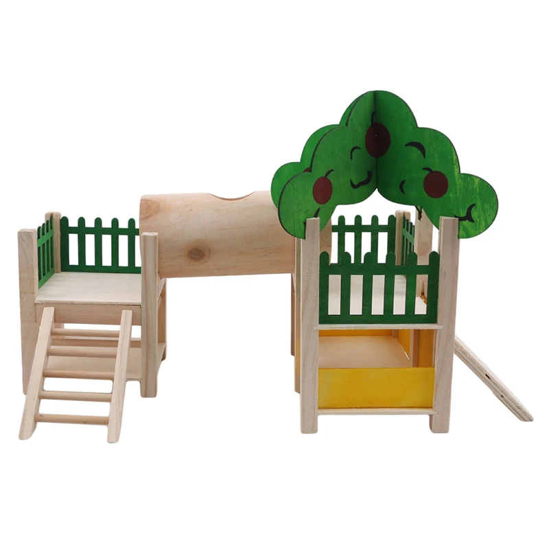 Hamster House Shelter Natural Wooden Rat Playground Activity Platform Villa With Pipe Fence Ladder Roof | Дом и сад