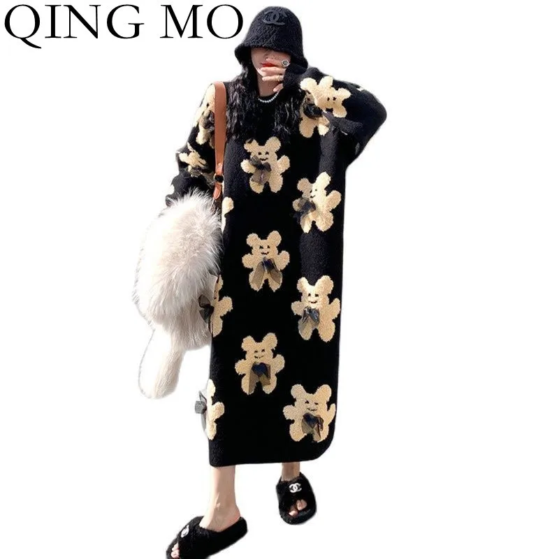 

Зимнее модное платье-свитер с принтом медведя QING MO 2021, новое толстое платье-пуловер выше колена, черное платье-свитер с бантом zwlдрузьо