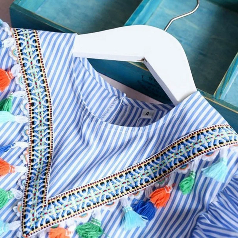 2019 г. Платье с кисточками Летние Детские платья летящими рукавами для девочек