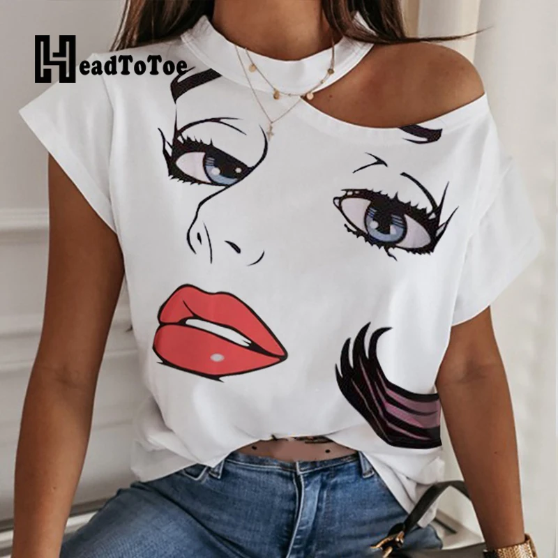 Повседневная футболка с принтом лица и открытыми плечами | Женская одежда