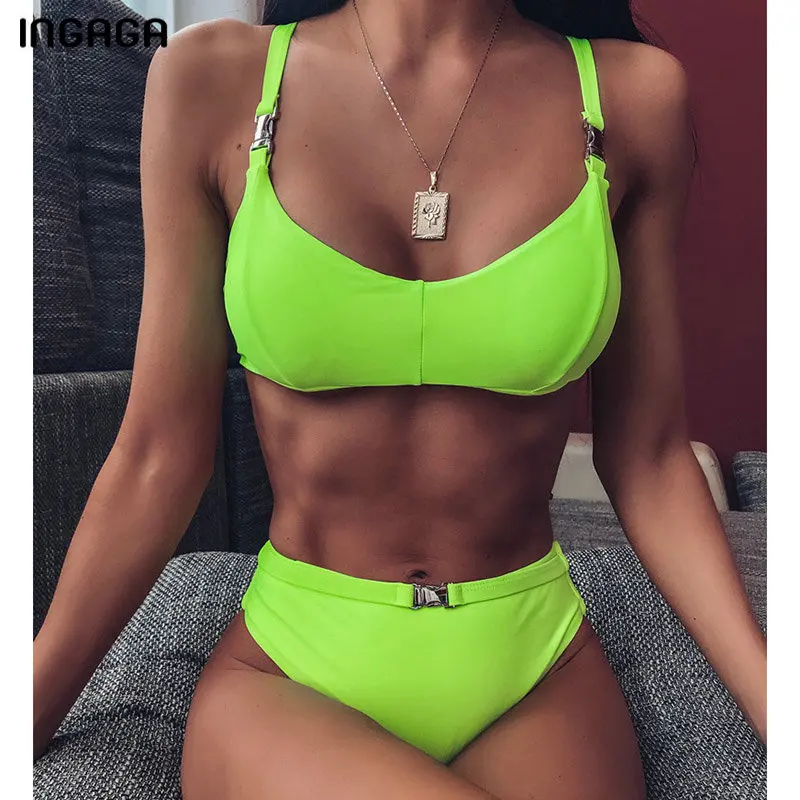 INGAGA High Waist Brazilian Bikinis Sexy Push Up Swimsuit Female Solid High Cut Swimwear Women Black Belted New Biquini