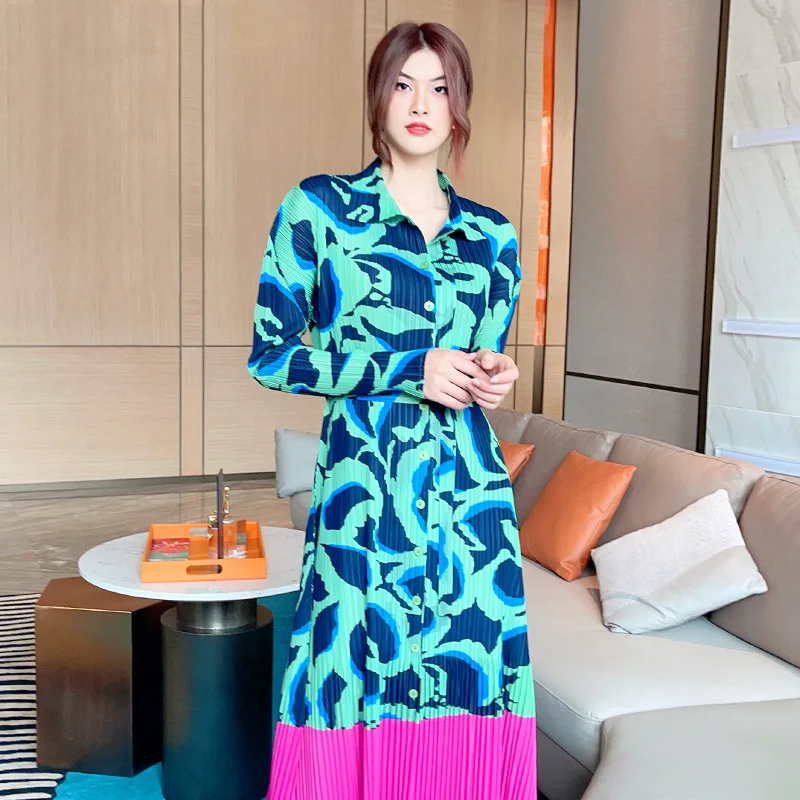 Женское плиссированное платье LANMREM Повседневное с отложным воротником и длинным