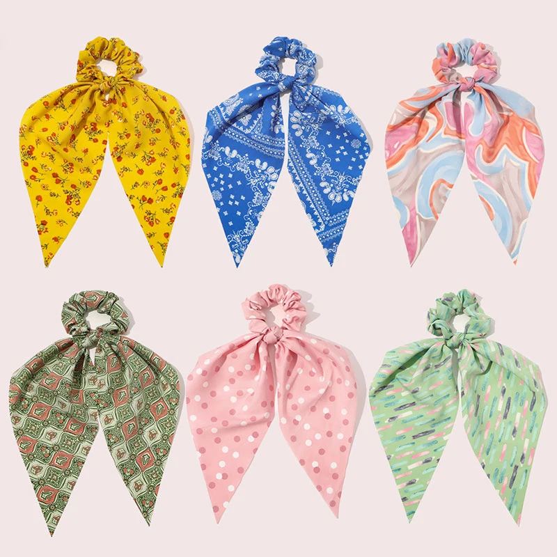 

Women Floral Print Scrunchies Cashew Flowers Tie-dye Hair Rope Long Ribbon Ponytail Hair Scarf Korean Style 1PCS Headwear
