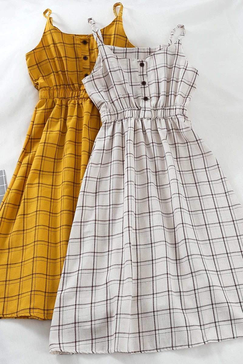 

Han Fan Loose Plaid Sling Waist Waist Waist Thin College Style Small Fresh All-match Slim Dress Women