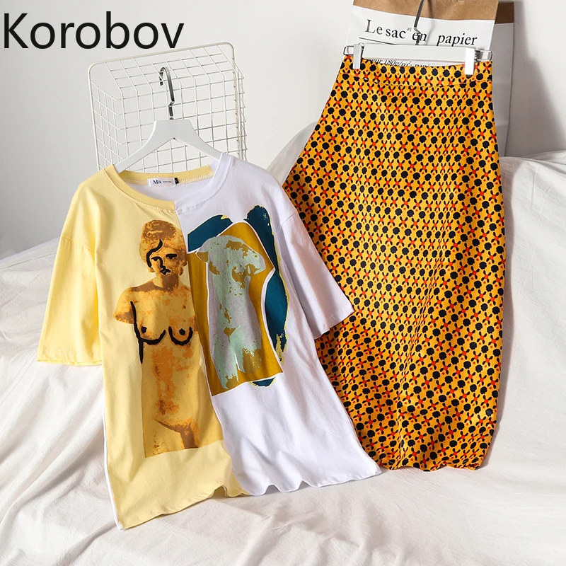 Korobov летние модные женские костюмы Harajuku футболка с коротким рукавом и юбка