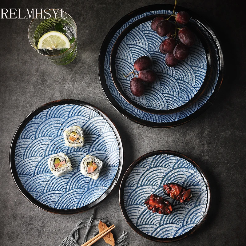 

RELMHSYU Japanese Style Tableware Ceramic Rice Bowl Round Flat Breakfast Plate Dish Food Tray Household Tableware