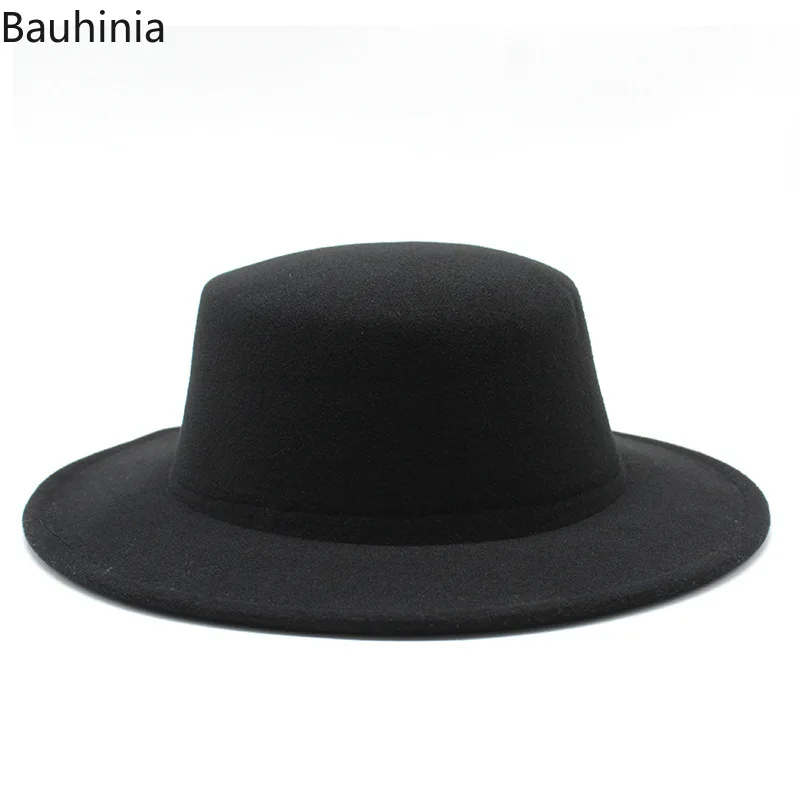 

Bauhinia Fashion Imitation Woolen Boater Flat Top Hats For Women Men Felt Wide Brim Fedora Hat Lady Green/Pink Panama Jazz Cap