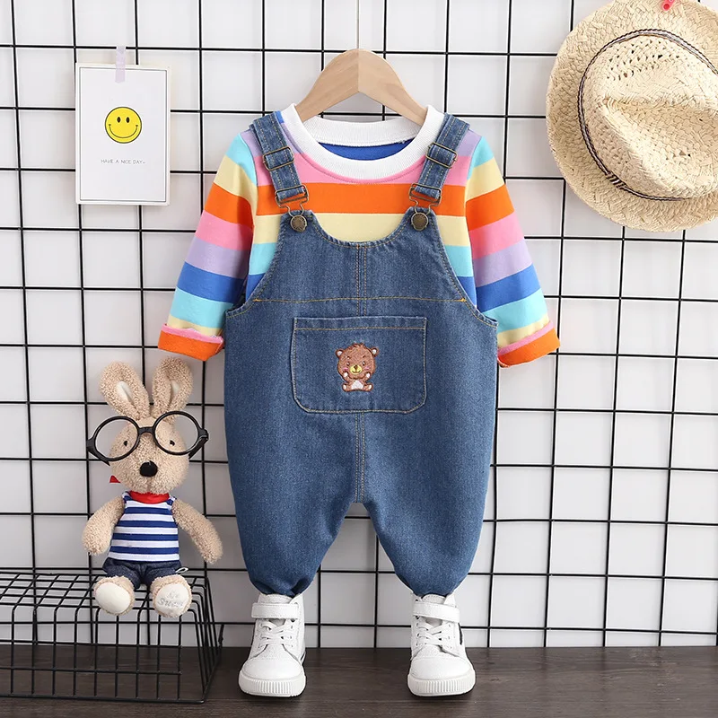 Детская футболка в полоску для мальчиков и девочек джинсы штаны 2 шт./компл.