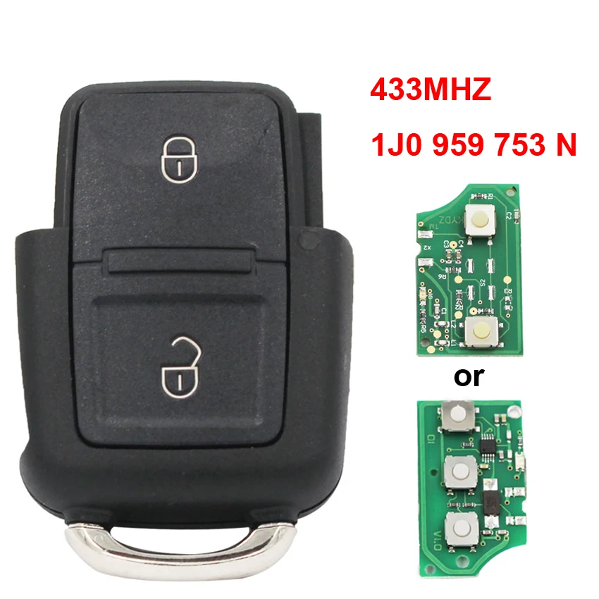 2 кнопочный дистанционный ключ 1J0 959 753 N 1J0959753N 433 МГц ID48 чип для Volkswagen/VW Bora Golf Passat Seat