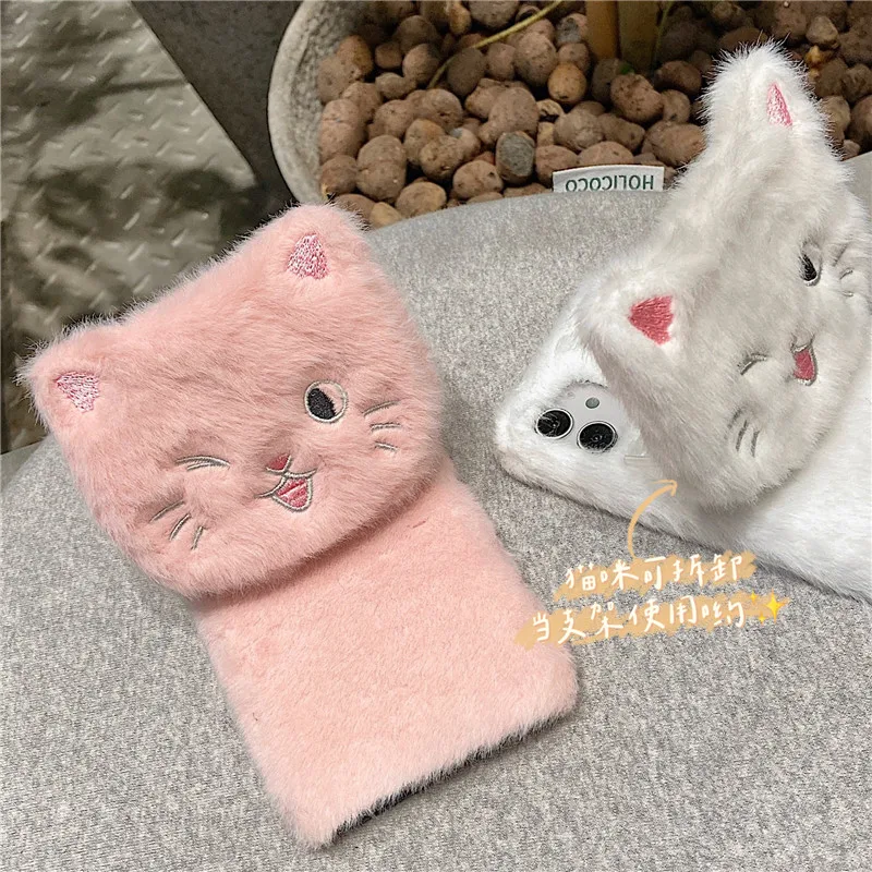 3D Embroidery Cat Warm Plush Soft Phone Case For Xiaomi Redmi Note 10S Case 10 9 8 7 6 10T 9T 8T 9S 9A 9C 8A 7A Back Cover Stand