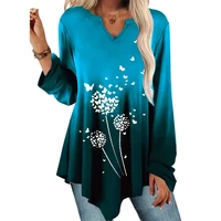 fashion women spring tshirts dandelion print irregular hem tee shirt women clothing casual long sleeved classic shirt oversized