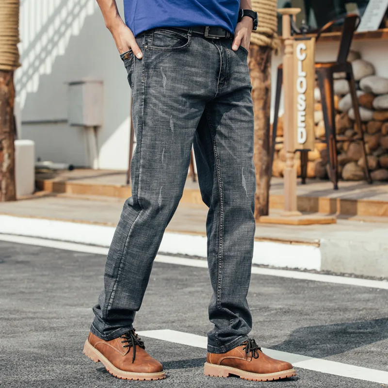 Spring and Autumn Men Straight Breathable Large Size Baggy Jeans Gray Leisure elastic Denim Pants Male Hiphop Skateboarder Jeans