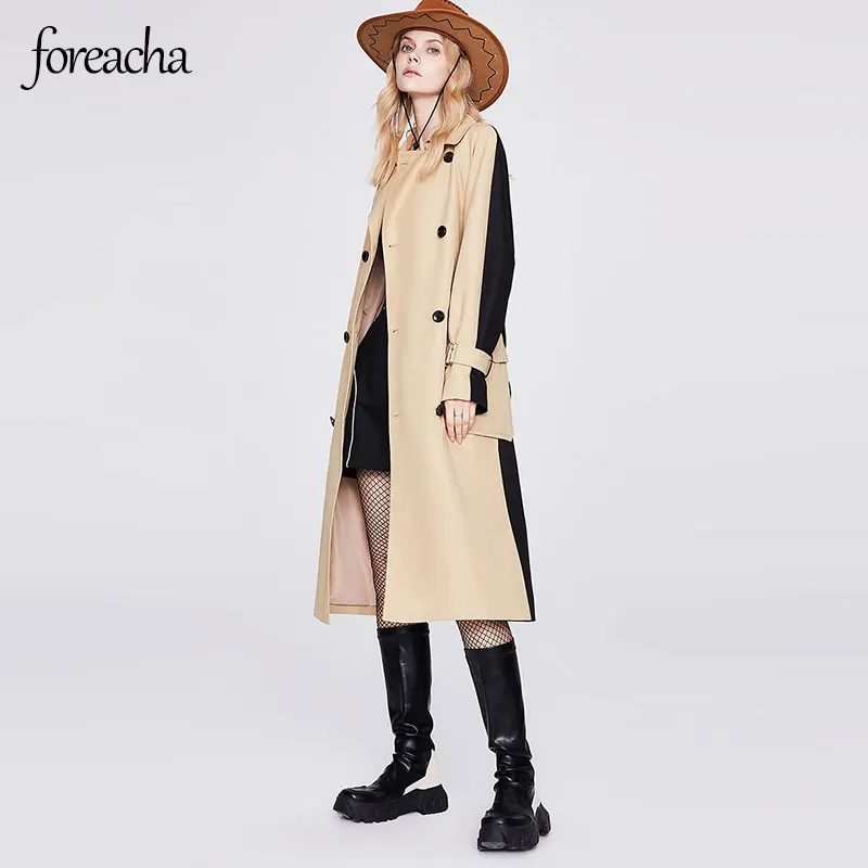 

Foreacha костюмный воротник двубортная Женская ветровка цвета хаки прямая женская верхняя одежда средней длины