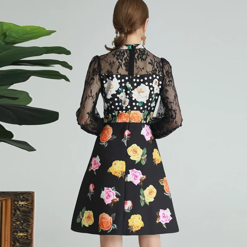 

2021 SPRING FLORAL PRINT LACE PATCHWORK LONG SLEEVE DRESS