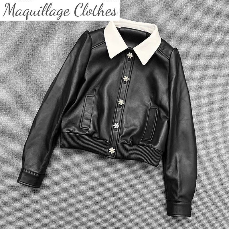 

Spring Autumn Women's High Quality sheepskin Real leather coat Fashion Crystal button sweet genuine leather Jackets C628