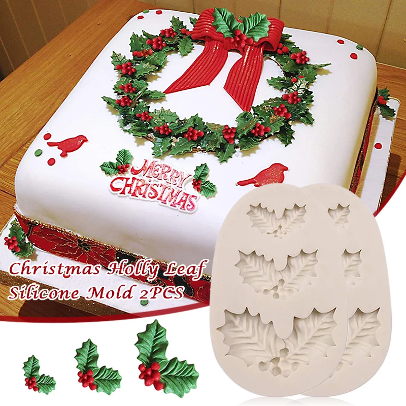 

2 pcs Christmas Holly Leaves Silicone Mold Leaf Shaped Fondant Chocolate Dessert Molds DIY Decor SCVD889