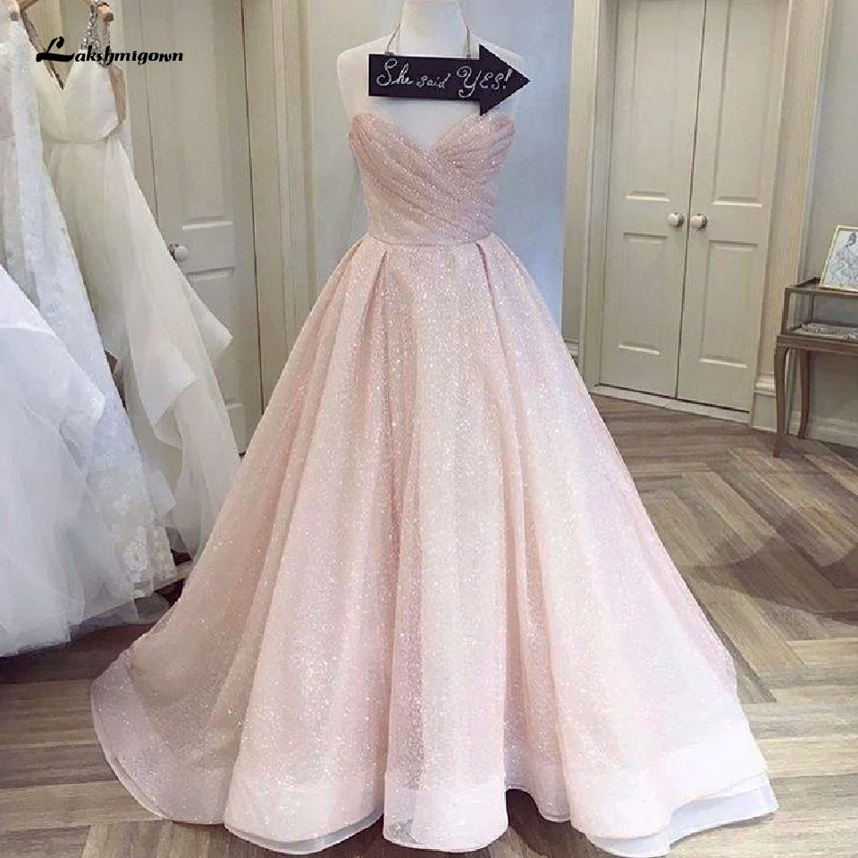 

Lakshmigown Glitter Tulle Blush Pink Wedding Gowns Off the Shoulder Sexy Chic Bridal Dress Open Back Vestido Noiva 2020