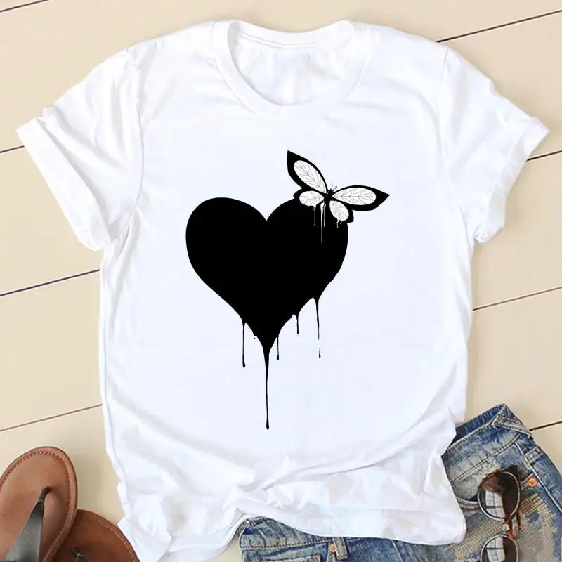 

Women Fashion Love Heart Lady Graphic Top T-shirts Female T Cartoon Butterfly 90s Cute Clothes Short Sleeve Casual Tshirt Tee