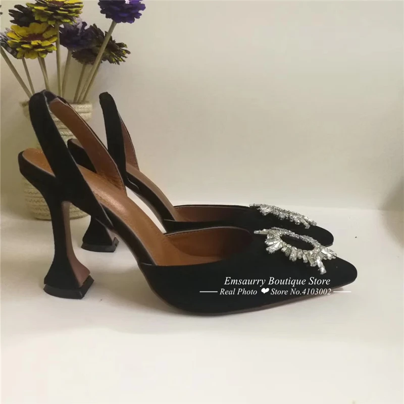 Luxury Satin Cup Heel Sandalias Mujer Sexy Back Strap Pointed Toe Crystal Buckle Individual High Heel Summer Sandals Women - Цвет: Black Suede