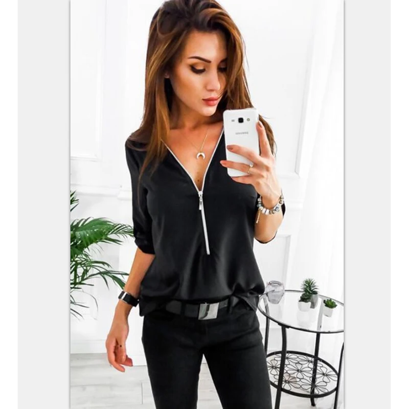 

Sexy Zipper V Neck Solid Color T Shirt Half Sleeve Loose Women 21 Summer New Fashion Black Pink White Large Size Feminina LD1697