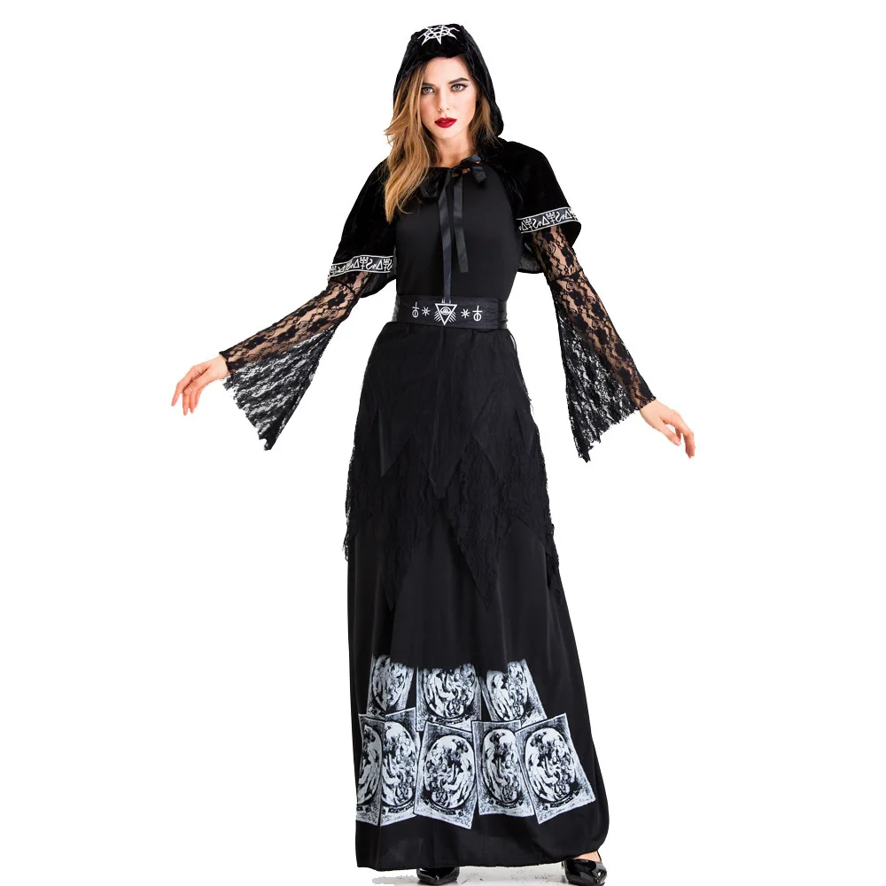 

New Skeleton Print Scary Vampire Witch Costume for Halloween Adult Sorceress Role Playing Cloaks Suit Hooded Capes for Women