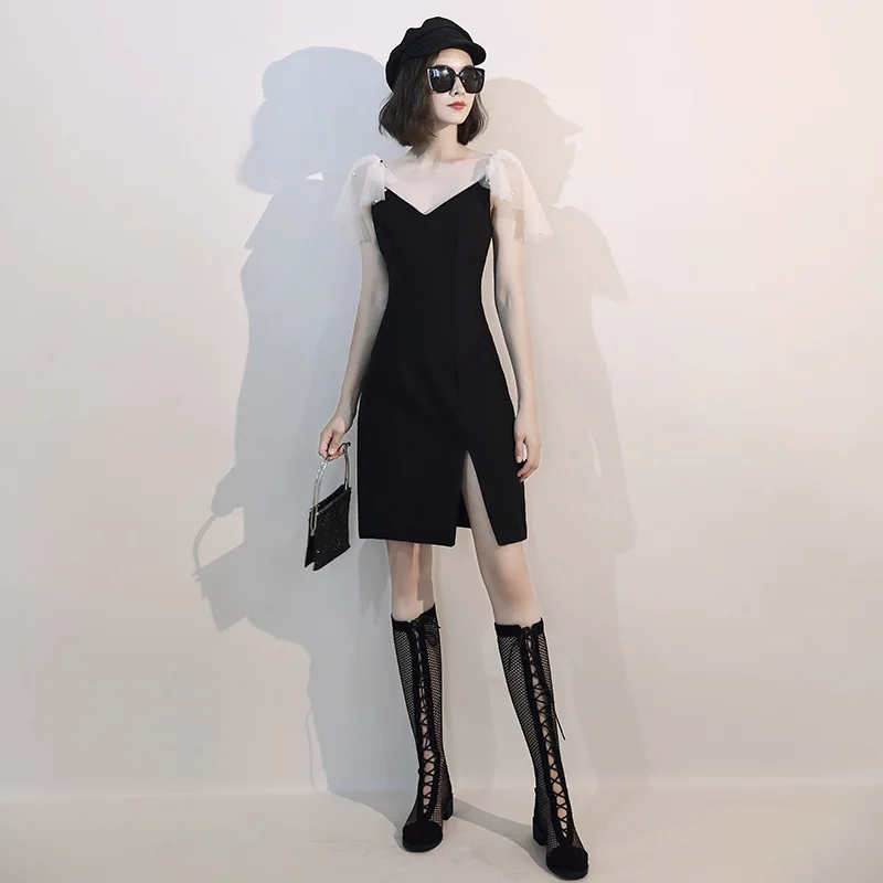 

Elegant V-neck Satin Bodycon Black Dress for Women Sleeveless Slim Female French Dress Evening Party Vestidos Cheongsam