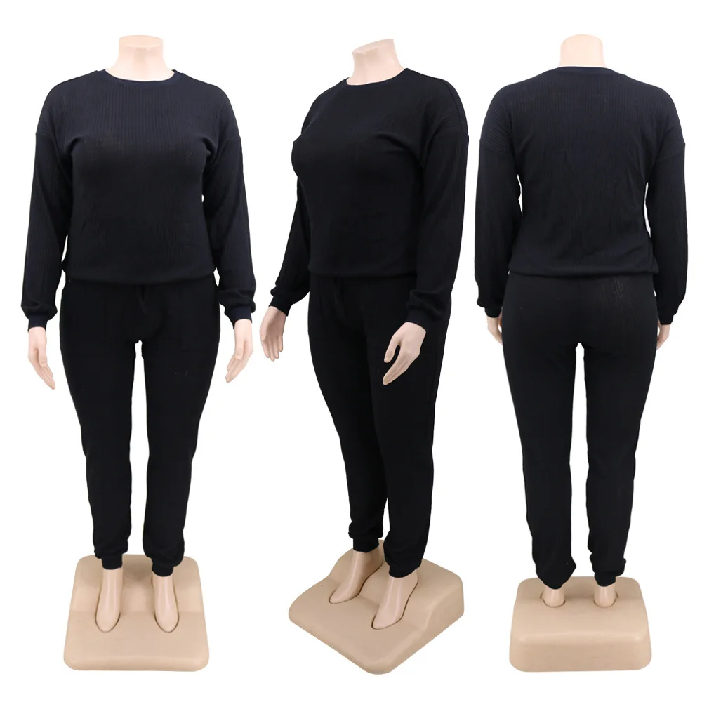 

Plus Size Casual Women Solid Two Piece Sets Fashion O-neck Lantern Sleeve Pullover Lace-up Pockets Skinny Pants Autumn Outfits