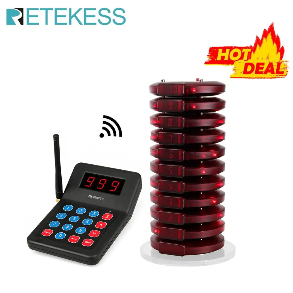 Retekess T119 Restaurant Pager Wireless Paging Queue System 10 Coaster Vibrater Buzzer Receiver 2 Way Charge For Cafe Food Court