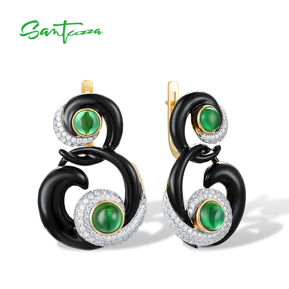 aliexpress.com - SANTUZZA 925 Sterling Silver  Earrings For Women Green Stones White CZ Black Enamel Curved Line Innovative Fine Jewelry Handmade