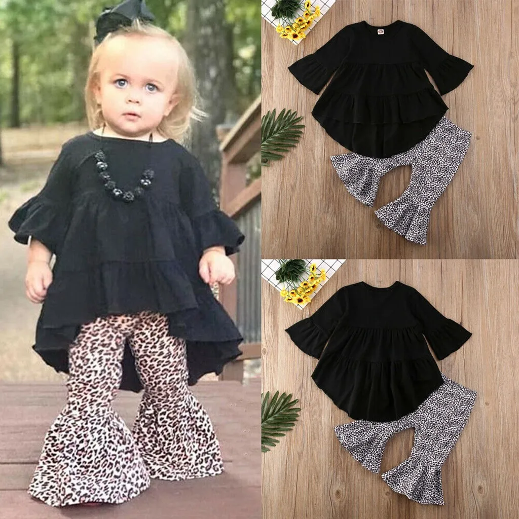 Топы с оборками для маленьких девочек платье + леопардовые штаны леггинсы