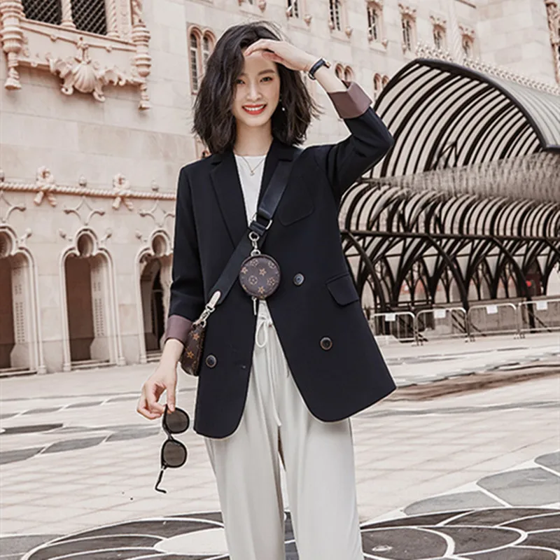 

Korean Fashion Women's Autumn Double Breasted Blazer Oversize Black Casual Jacket Office Clothes White New Elegant Business Coat
