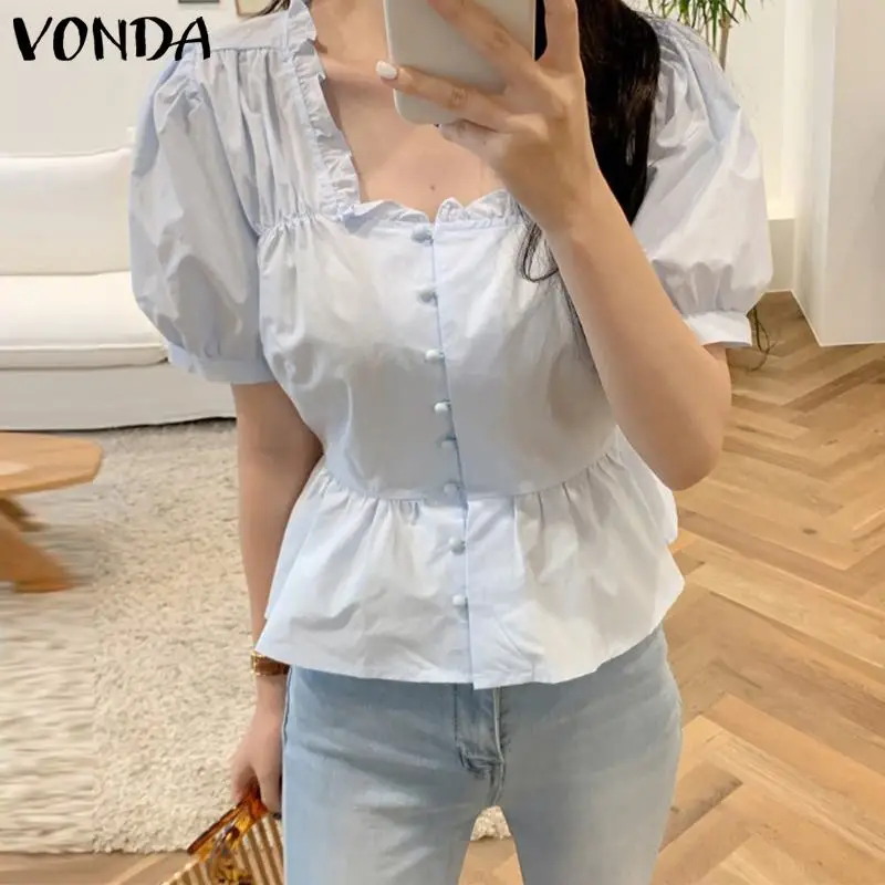 

Bow Blouse Women Tops Elegant Square Neck Lace Ruffled Shirts 2021 VONDA Solid Color Puff Sleeve Button Up Party Blouse Blusas