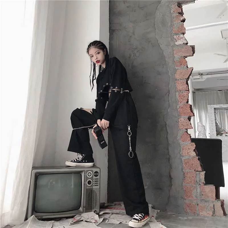 Брюки женские в стиле хип-хоп уличная одежда Корейском панк прямые широкие штаны