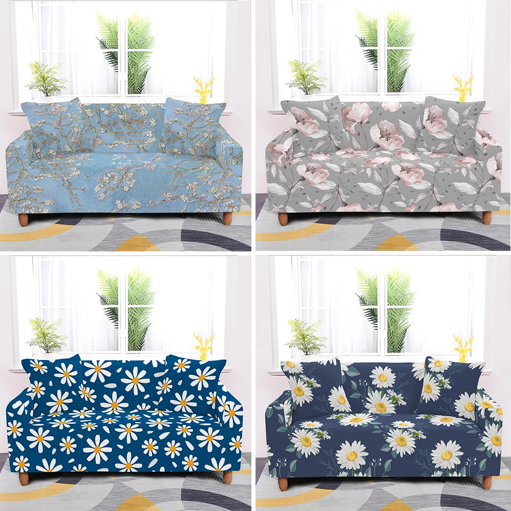 Эластичный чехол для дивана с цветочным принтом ромашки 1/2/3/4-местного полностью