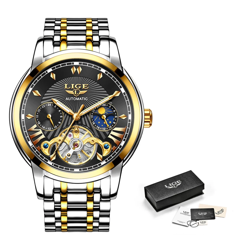 Часы-скелетоны LIGE Мужские механические водостойкие автоматические с